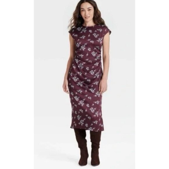 A New Day Satin Short Sleeve Ruched Midi Shift Dress Burgundy Floral Small - Picture 1 of 6